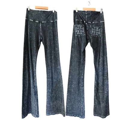 T Party Black Mineral Wash Flare Yoga Pants Fold Over Waist Womens L Cross Back - Image 1 of 4