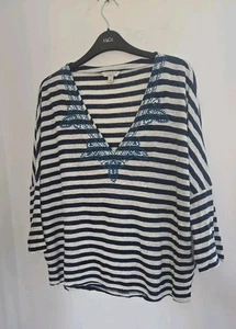 Monsoon Size M 100% Linen Tshirt Top Stripped White Navy Blue Beach Summer - Picture 1 of 7
