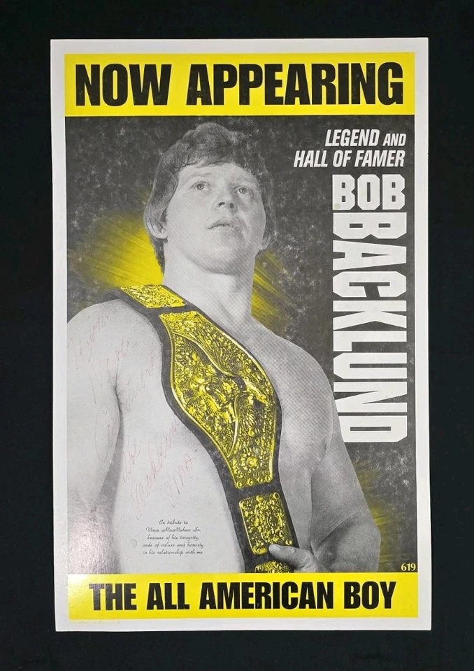 Póster inscrito firmado por el miembro del Salón de la Fama de la WWE BOB BACKLUND The All American Boy WWF Foto 1 de 4