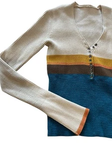 Free People Frequency V Neck Knit Sweater Henley Cream Blue Gold Sz Small - Picture 1 of 6
