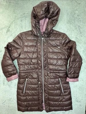 Kenneth Cole New York Packable Puffer Coat Women’s M Plum Hooded Long Jacket - Image 1 of 4