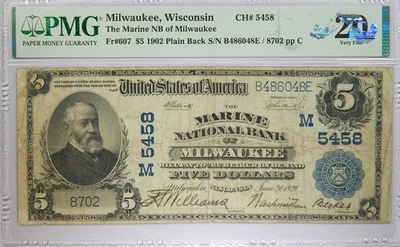 1902 Milwaukee, WI $5 The Marine National Bank PMG Very Fine 20 - Image 1 of 2