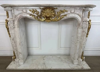 Lovely, French Rococo Antique Fireplace, White Marble With Bronze  - Image 1 of 3