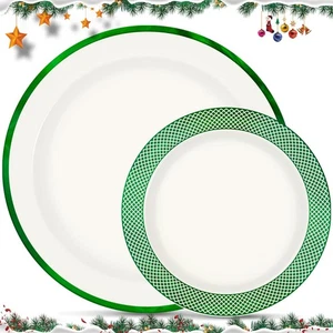 Christmas Plates Disposable Dinnerware Set for 20 Guests - Elegant lvory Gree... - Picture 1 of 7
