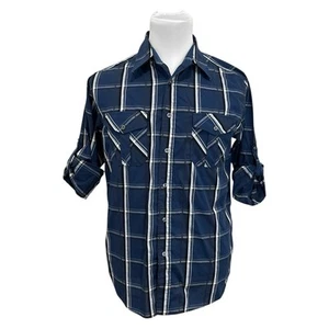 Beverly Hills Polo Club Men's Blue Plaid Shirt Button Front Roll Tab Sleeve Med - Picture 1 of 6