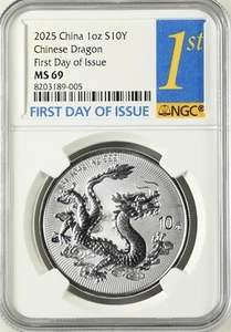 NGC MS69 2025 China Chinese Dragon 1oz Silver Coin First Day of Issue #01 - Picture 1 of 2
