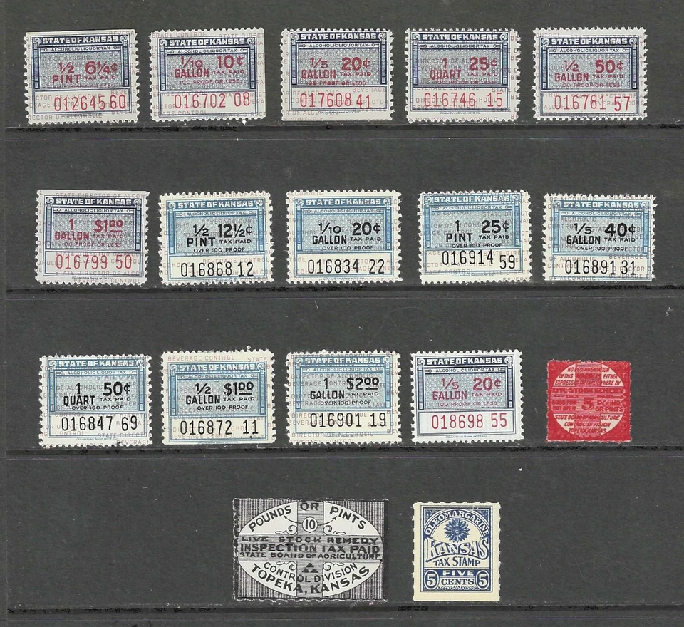 Lot of (17) US State of KANSAS KS Revenue Stamps MINT HIGH CAT VALUE LOOK!!! - Image 1 of 1