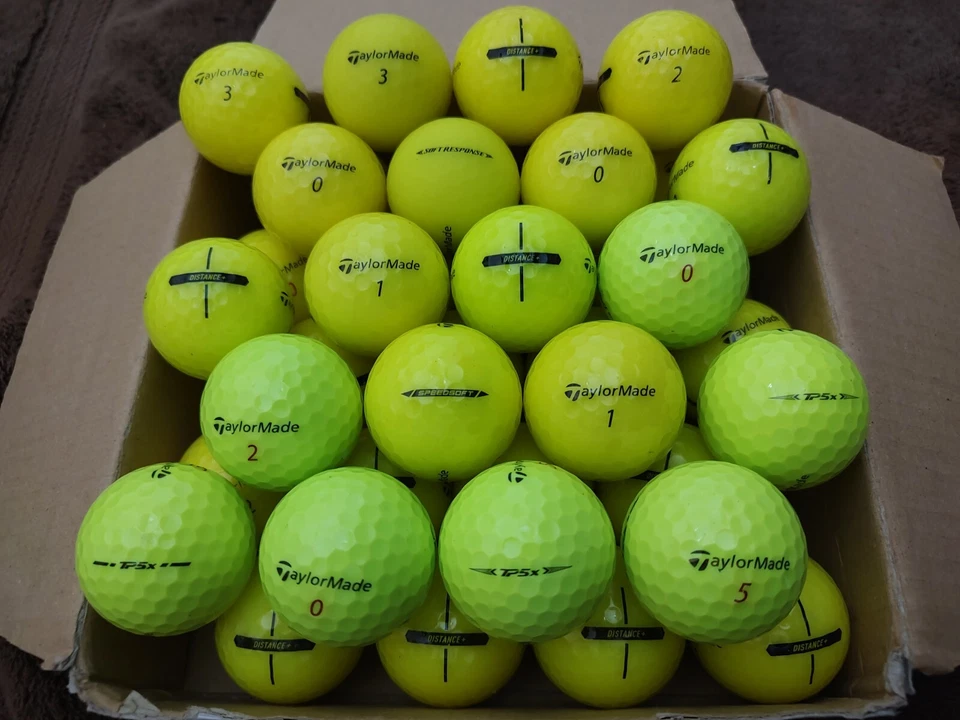 60 bolas de golfe usadas TaylorMade TP5X, distância, mistura amarela Speedsoft 5A/4A - Imagem 1 de 1
