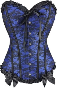 Women Lace up Floral Bustier Shaper Overbust Boned Corset Top G String Blue, L - Picture 1 of 4