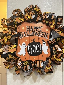 GHOST BOO HALLOWEEN ๐ป๐ BLACK Deco Mesh Wreath JACK O LANTERN 24 X 24 AWESOME - Picture 1 of 8