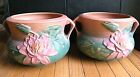 Pair 1940s Roseville Majolica Pottery Water Lily Pink & Green Jardiniere 663- 8"