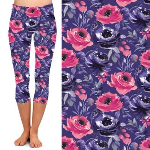 Leggings donna CAPRI viola rosa bianco fiori TC2 taglie forti 18-24 - Foto 1 di 2