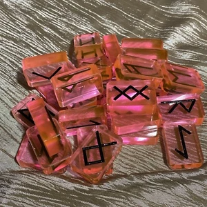 Translucent Pink Resin Rune Stones, Elder Futhark, Pagan Set Of 27 - Picture 1 of 9
