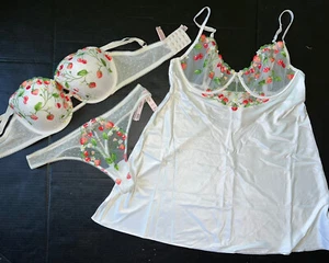 Victoria's Secret 36DD BRA SET+XL SLIP satin WHITE red strawberry embroidered - Picture 1 of 9