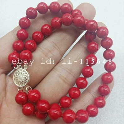 2 Row Stylish 8mm Red Coral Round Gemstone Bead Bracelet 7.5 Inches - Image 1 of 4