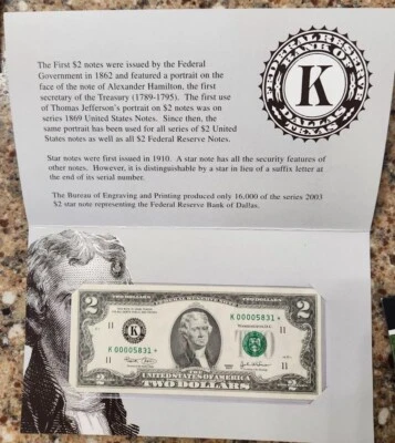 2003 $2 DOLLAR BILL STAR~VERY LOW #5831* ONLY 16K ISSUED Bank Of DALLAS~ - Image 1 of 4