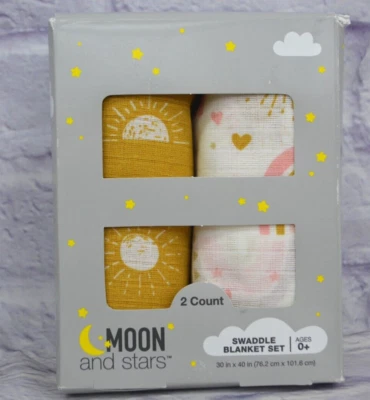 JUEGO DE MANTAS ENVOLVENTES LUNA Y ESTRELLAS 2 CUENTAS BEBÉ NIÑA REGALO 0 + TIRO AMARILLO ROSA Foto 1 de 4