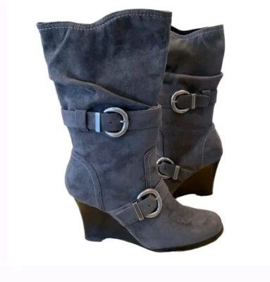 SZ 10 регулируемый! Серые деревенские ботинки SKECHERS с пряжкой громоздкие текстильные замшевые на танкетке - Изображение 1 из 4