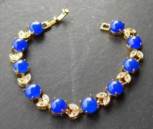 Genuine Blue Jade Cabochon Imitation Diamond Flower 18KGP Bangle Bracelet - Picture 1 of 6