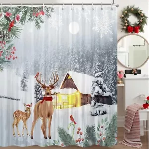 NEW /PKG  rustic deer Christmas Shower Curtain  Waterproof Fabric  w hooks 72x72 - Picture 1 of 5