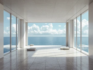 Empty Room Looking out on an Infinite Ocean Narrow Docks Poster Art Print - Picture 1 of 1