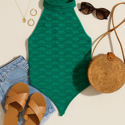 Frederick's Of Hollywood Size S Green Floral Lace Margarita Halter Teddy - Image 1 of 4