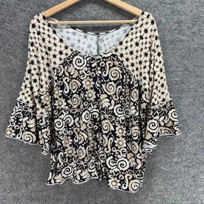 Blusa sin marca para mujer M mediana negra geométrica manga 3/4 cuello redondo informal Foto 1 de 4