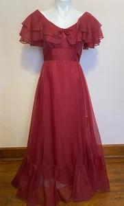 VTG 70s JC Penny Organza Chiffon Prom Dress Disco Bridesmaid Cranberry Small - Picture 1 of 8