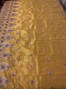 Vintage Yellow Sarees 100% Pure Silk Hand Embroidered Sari 5YD Craft Fabric - Picture 1 of 10