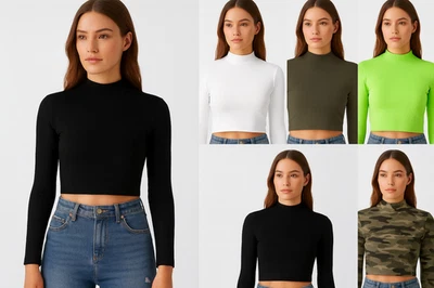 CELEBRITY-FASHIONS Women's Mock Neck Long Sleeve Slim Ladies Fit Crop Top Stretch Basic T Shirt LXL