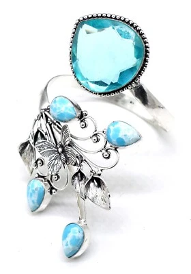 925 Sterling Silver Blue Zircon & Larimar Gemstone Jewelry Cuff Bracelet S-ADJ" - Image 1 of 4