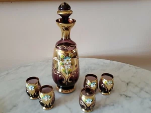 Bohemian Purple Glass Decanter w/ 5 Cups Gold Encrusted & Enameled Flowers - Picture 1 of 12