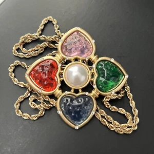 Gripoix Style Hearts Pendant Necklace Brooch Gold Multicolor Jelly Resin Pin - Picture 1 of 9