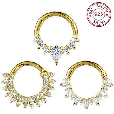 Anillo de plata esterlina 925 circonita cúbica nariz tabique aro 16 g chapado en oro hélice torre piercing Foto 1 de 4