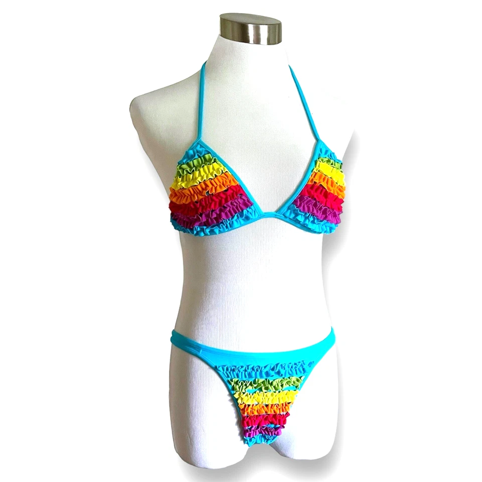 Bikini de cuerda para mujer Victorias Secret talla mediana azul arco iris volantes triángulo Foto 1 de 4