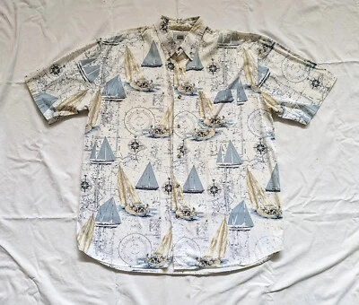 Velero vintage blanco manga corta patrón náutico tropical con botones Foto 1 de 4