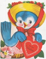 Blue Bird Straw Hat Flowers You're Tops With Me c1950 Valentine Unused Whitney