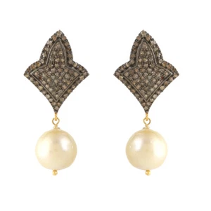 Pearl 14K Gold Diamond Pave Dangle Earrings Ruby Gemstone Anniversary Jewelry - Picture 1 of 4