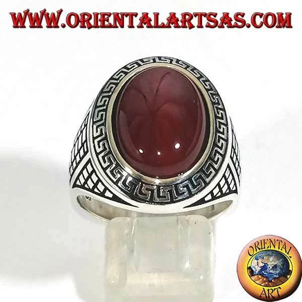 Anello in argento 925 ‰ corniola ovale grande contornata da greca a bassorilievo - Immagine 1 di 1