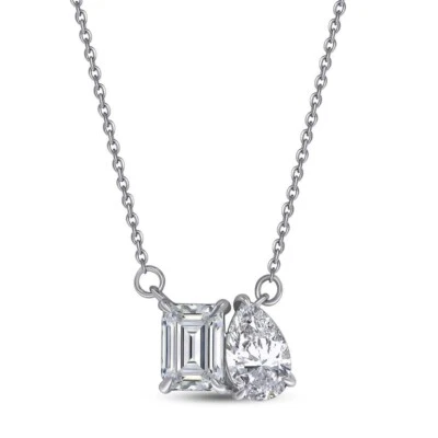 Collar Colgante Toi Et Moi Diamante Corte Pera y Esmeralda 2 Ct 14K WG Cultivado en Laboratorio Foto 1 de 4