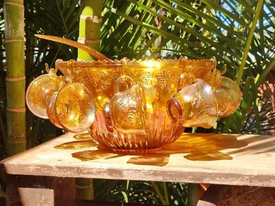 Vintage Indiana Carnival Amber Glass Punch Bowl Set 12 Cups 10 Hooks And Ladle — 第 1/4 张图片
