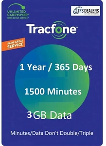 Extensión de servicio TracFone 1 año/365 días + 1500 minutos + 3 GB, todos los teléfonos inteligentes - Imagen 1 de 1