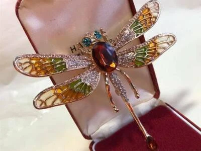 Large Vintage Style Jewellery Enamel Amber Crystal DRAGONFLY Statement Brooch - Image 1 of 4
