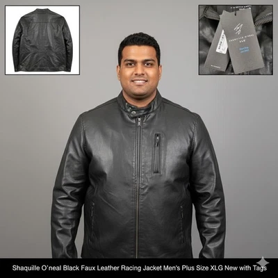 Shaquille Oneal Mens XLG Black Faux Leather Racing Jacket 2XLT New With Tags - Image 1 of 4