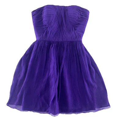 Donna Morgan 紫色 100% 真丝皱褶无肩带派对舞会鸡尾酒礼服 2 — 第 1/4 张图片