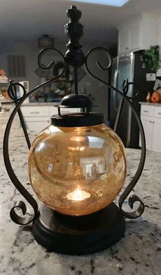 Vntg, Pier One Black Metal Hanging Candle Latern. Modern Latern, Amber Luster  - Image 1 of 4