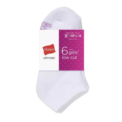 Girls Hanes Ultimate 6 Pack Low Cut Socks White Medium Fits Shoe Size 10.5-4 NEW - Image 1 of 2