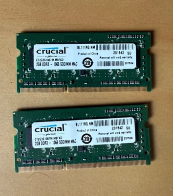 Crucial 2x2GB DDR3-1066MHz SODIMM Memory Laptop RAM CT2G3S1067M.M8FKD 4GB TOTAL - Image 1 of 2