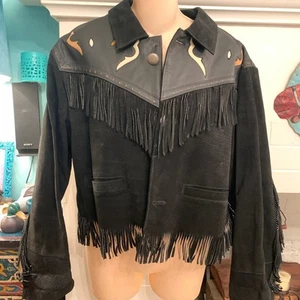 VINTAGE 80s CHEVIGNON HOPI NAVAJO NATIVE WESTERN BOHO FRINGED SUEDE JACKET M - Picture 1 of 10