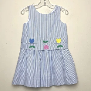 Florence Eiseman Blue White Seersucker Dress Tulips Embroidered Sz 2T NWT - Picture 1 of 11